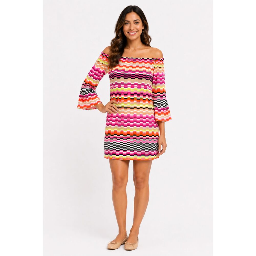 TRINA TURK Bohemian Chevron Striped Bell Sleeve Off The Shoulder Mini Dress Sz M
